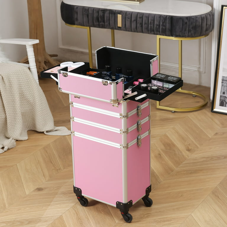 Cosmetic Rolling Trolley Makeup Train Case Professional 4 in 1, Cosmetology  Case on Wheels Black Pink Silver, Make Up Box Suitcase Travelling for  aesthetician, Hairstylist, Nail Technician, Tattoo 