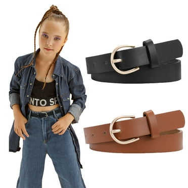 SUOSDEY Girls Leather Belts,Kids Skinny Belt for School Uniforms Gift 2Pack