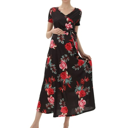 

NIUREDLTD Summer Womens Maternity Dresses V-Neck Short-Sleeved Belt Printed Maternity Dress for Women