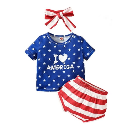 

Wassery 4th of July Baby Girls 3Pcs Independence Day Outfits Stars Striped Short Sleeve Crew Neck T-shirt and Elastic Rolled Hem Shorts Hairband Toddle Summer Casual Clothes Set 0-3T