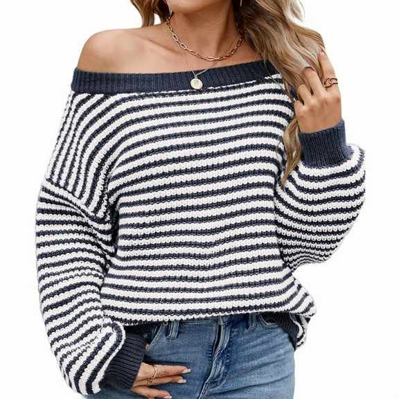 Womens Off the Shoulder Sweater 2025 Fall Winter Long Sleeve Striped Sweater Oversized Knitted Pullover Tops Dark Gray Blue M