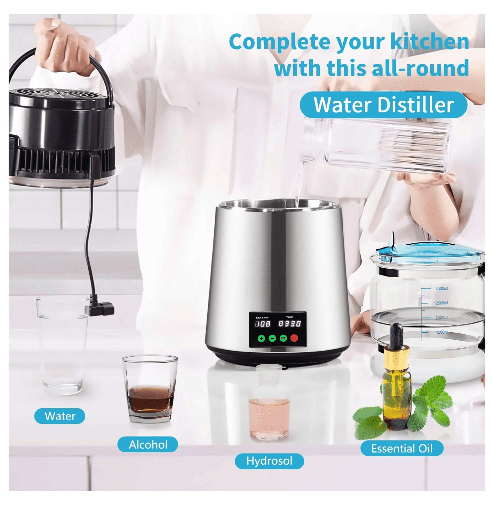1.1 Gal Water Distiller, 750W Distilled Water Machine, 0.3 Gal/H, Temp Control, Stainless Steel, Glass Carafe, with Cleaning Powder & Carbon Filters