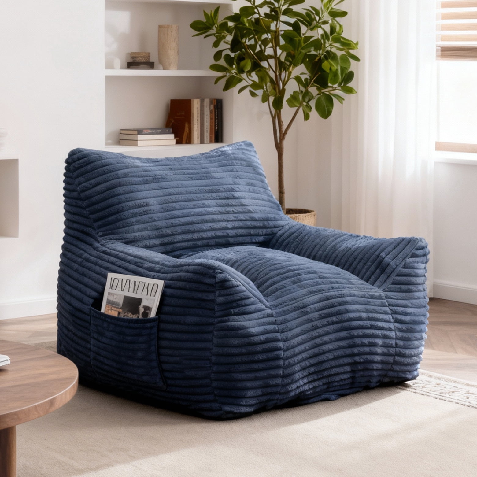 Bean Bag Chairs, Memory Foam Bean Bag Chairs for Adults, Living Room Lazy Sofa with Side Pocket for Bedroom & Dorm, Blue