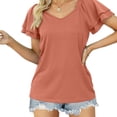 thumbnail image 2 of Camiseta casual cómoda de color puro, de color rojo anaranjado, de manga corta, con cuello en V XXL y volantes para mujer, 2 of 5