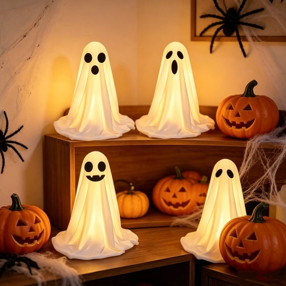 Mskk Halloween Ghost Decoration Indoor, 14" Cute Light-Up Standing Ghost Decoration Props for Halloween Party, Haunted House, and Tabletop Decoration