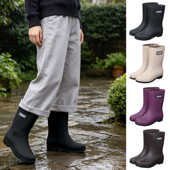 Women Low Heel Rubber Mid Calf Rain Boots Waterproof Multi Color Wellies, Casual Shoes for Outdoor Garden Rainy Walking Purple-A 8(40)