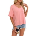 thumbnail image 2 of Womens Summer V Neck T Shirts Casual Short Sleeve Flowy Tops Cute Loose Fit Basic Tees Pink M, 2 of 9