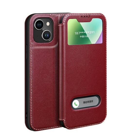 Flip Case for iPhone 11 6.1 Inch, 2 Clear Viewing Windows PU Leather Shockproof Drop Resistant Flip Case with Magnetic Closure Kickstand Feature Soft Silicone Phone Cover for Men Women,Winered