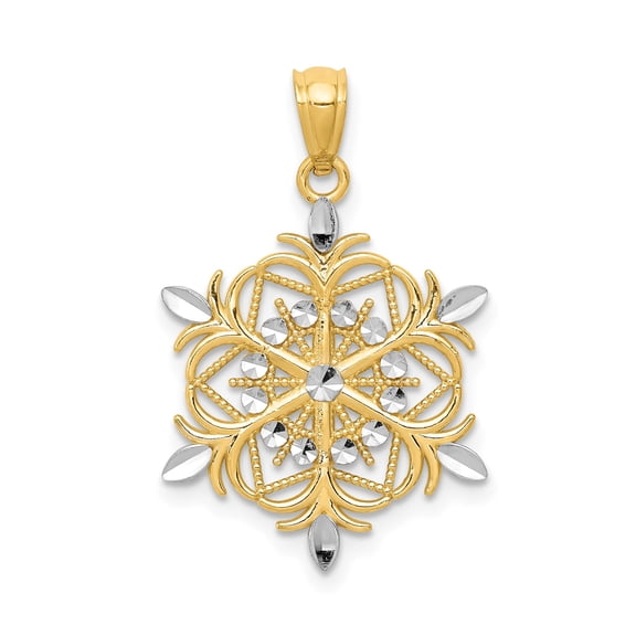 14k Yellow and Rhodium Filigree Snowflake Pendant for Women, Diamond Cut Two Tone Winter Necklace, Elegant Seasonal Fashion Jewelry