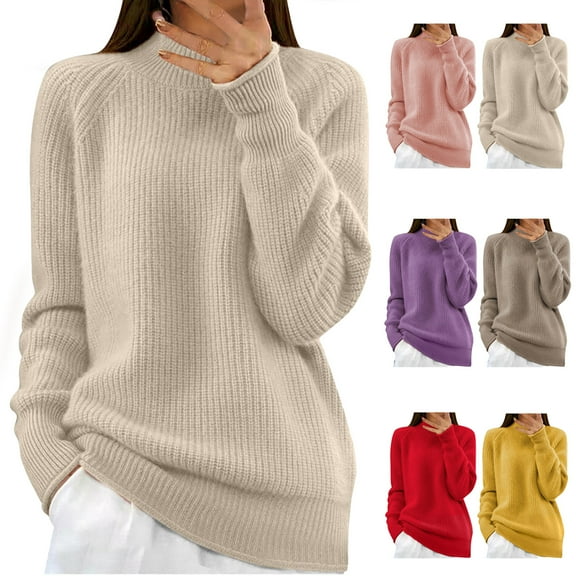 Dgankt Fall Sweaters for Women Comfortable Long Sleeve Casual Knitted-Neck Blouse Sweater,Size S-XL