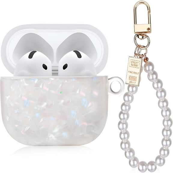 GJX Case for AirPod 4 with Pearl Wrist Chain, Bling Marble Design Hard TPU Cover for AirPods 4th Generation 2024 Released