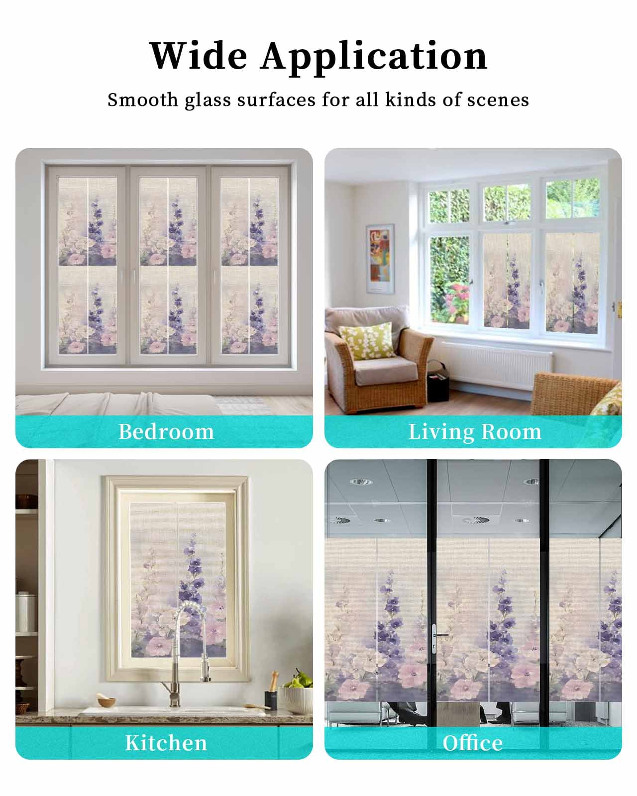 Window Privacy Film Watercolor Lavender Stained Glass Window Film Decorative Sun Block Window Cover Country Spring Field Leaf Wildflower Window Clings Static Adhesive Sticker for Bathroom 23.6"x59"