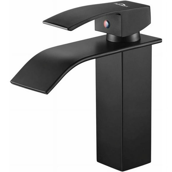 Solid Brass Faucet Body, Matte Black Waterfall Bathroom Sink Faucet with Ceramic Cartridge, Deck Mount Plate for Lavatory Basin Vanity Sink Faucets, Square Shape Design Easy Installation