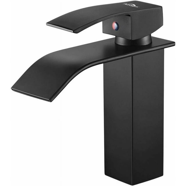 Solid Brass Faucet Body, Matte Black Waterfall Bathroom Sink Faucet with Ceramic Cartridge, Deck Mount Plate for Lavatory Basin Vanity Sink Faucets, Square Shape Design Easy Installation