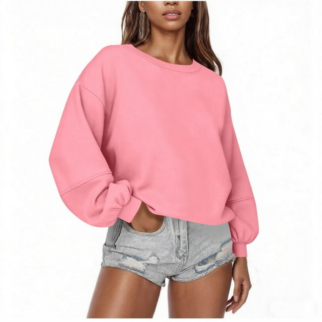 Lenpel Chandails à Col Rond pour Femmes Mode Manches Longues Décontracté Ample Chandail à Enfiler Hauts Automne Hiver Vêtements (Rose, Grand)