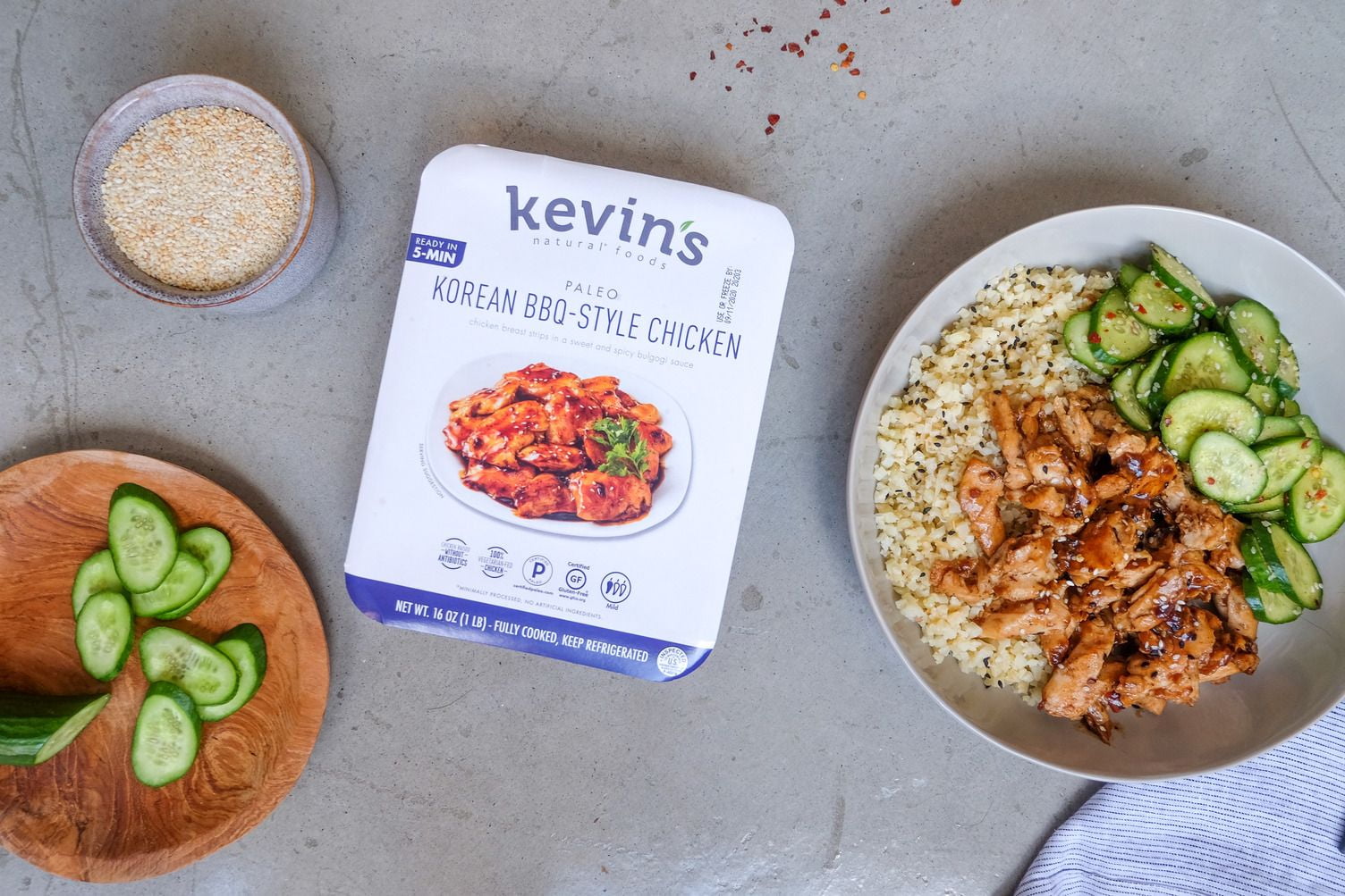 (4 pack) Kevin's Natural Foods Korean BBQ-Style Chicken, Fully Cooked Refrigerated Entree, Plastic 16 oz