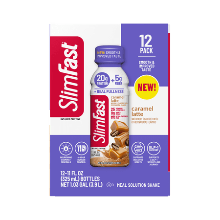 SlimFast High Protein 20g Energy Ready To Drink Meal Replacement Shake Coffee House Caramel Latte, 11oz, 12ct