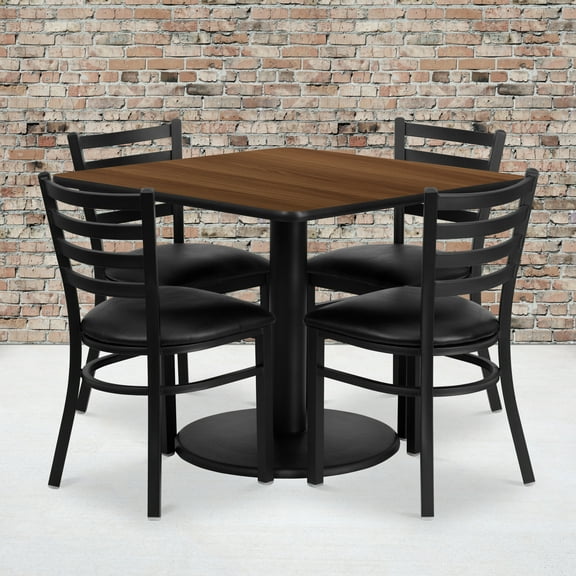 Flash Furniture 36'' Square Walnut Laminate Table Set with Round Base and 4 Ladder Back Metal Chairs - Black Vinyl Seat