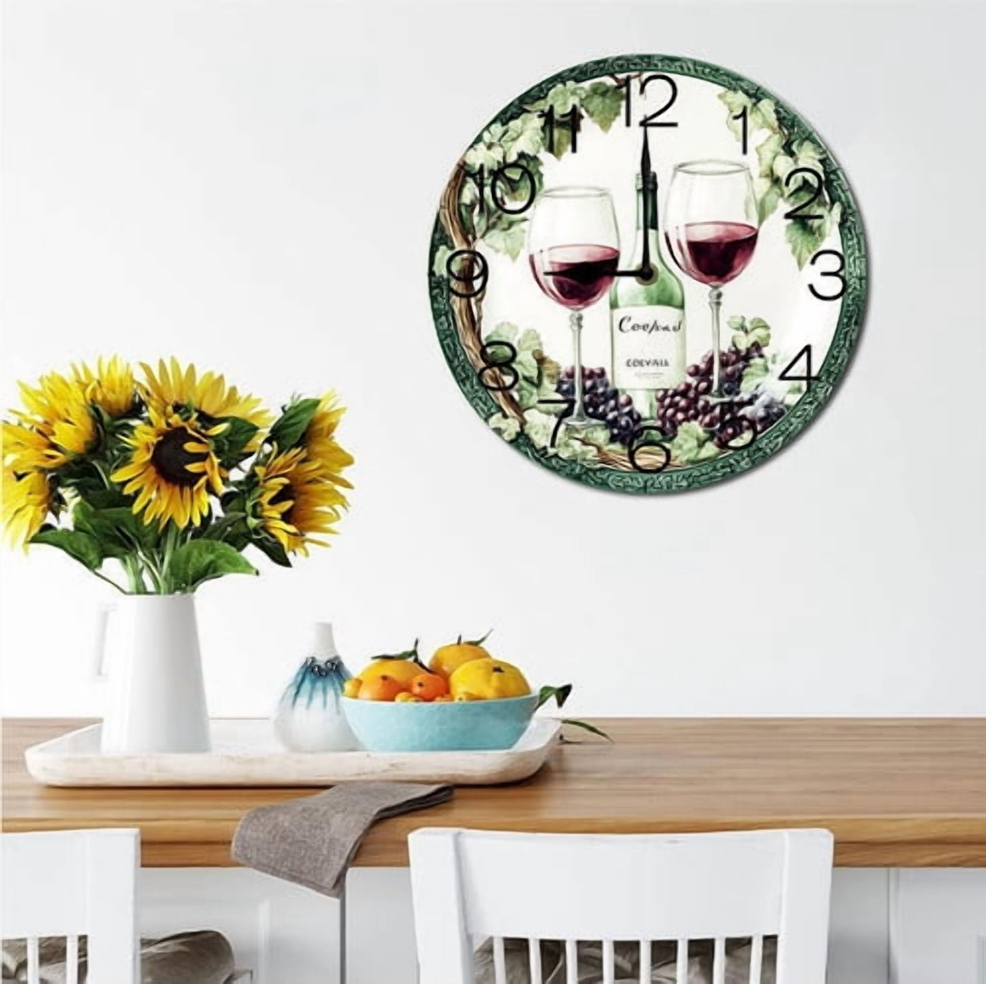 Eveokoki Wall Clock Wine Grape Wood Battery Operated Silent Non-Ticking Clock Decorative for Home Kitchen Living Room Office Bathroom Bedroom 10 Inch