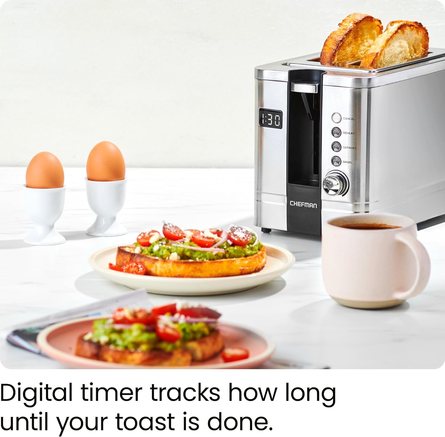 Chefman 2-Slice Digital Pop-Up Toaster w/ Bagel Sized Slots and Removable Crumb Tray - Stainless Steel