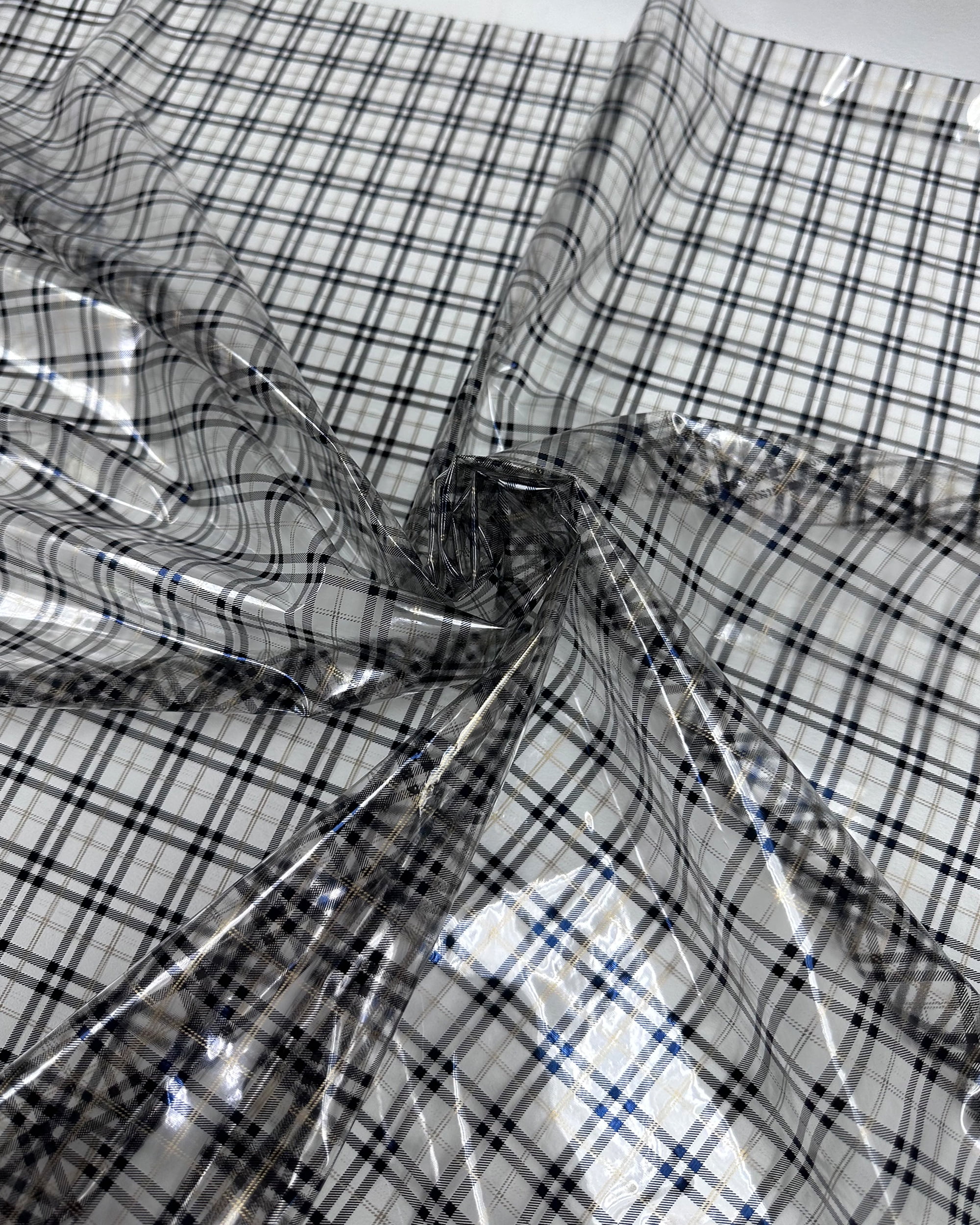 FABRIC EMPIRE TRANSPARENT Vinyl TPU Plaid Print Waterproof .15mm Flexible Clear plastic/54"W/ Sold By Continuous Yard- for Luggages, Garments, Raincoats