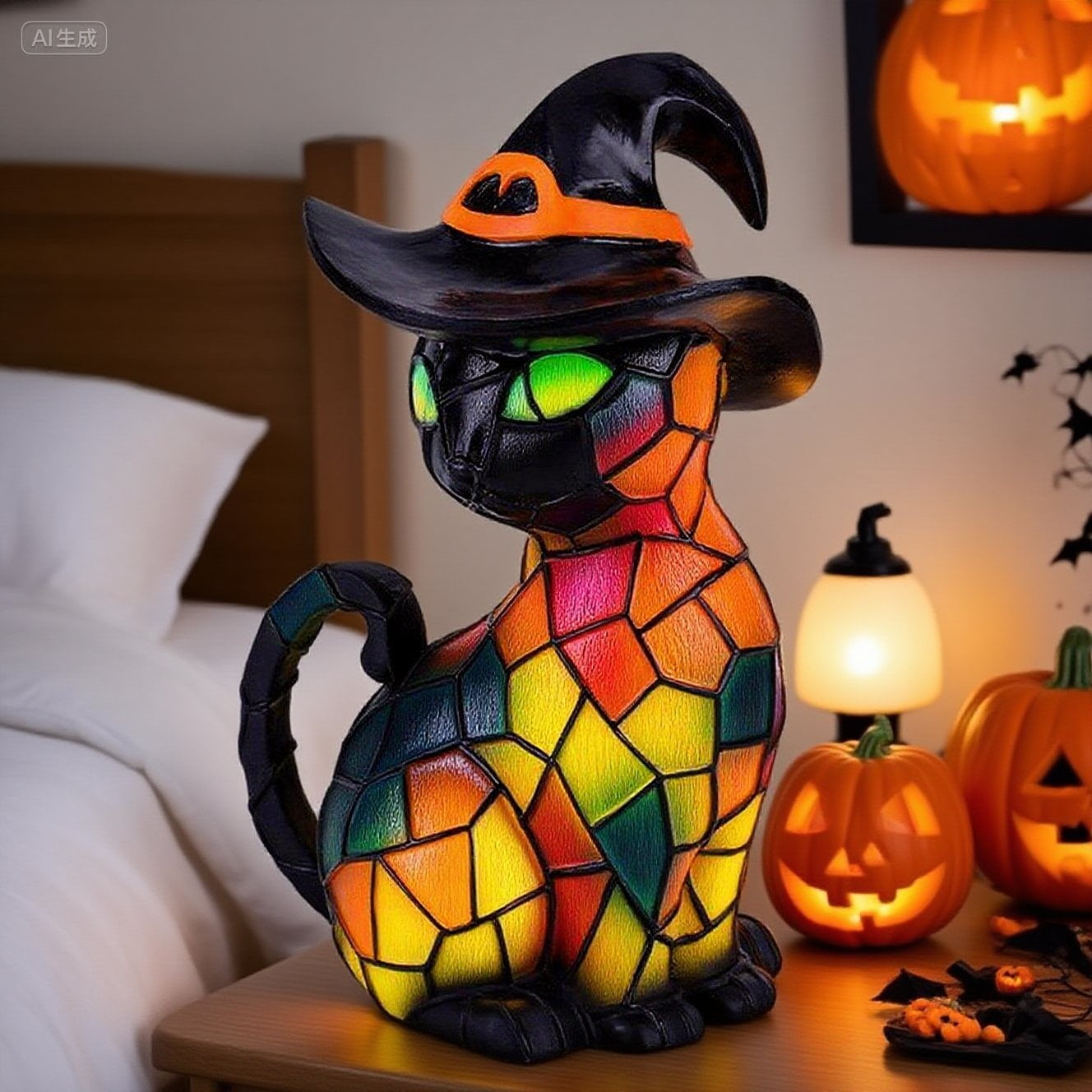 Halloween Theme Cat Lantern - Stained Resin Pumpkin Cat Night Light, 3D Cat Wear Witch Hat Bedside Lamp