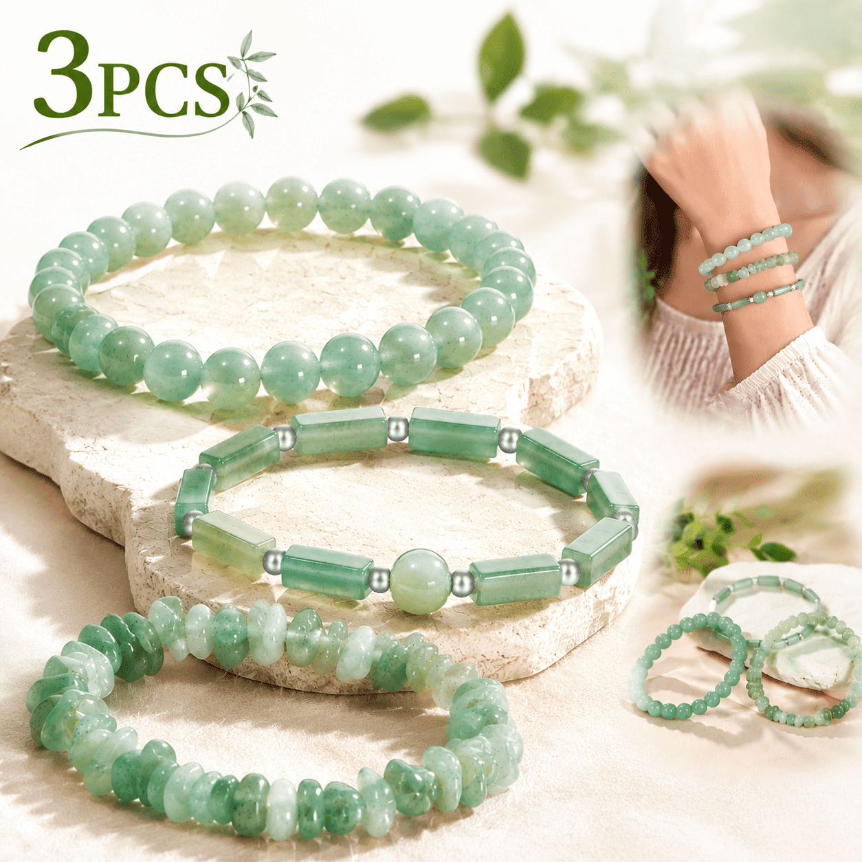 Green Jade Stone Bangle，3Pcs Green Aventurine Jade Bracelet Set for Women - 8mm Stretch Beaded Bracelet, Healing Crystal Jewelry, Adjustable Relaxation Gemstone Gift for Mom, Wife