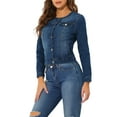 thumbnail image 5 of INSPIRE CHIC Women's Button Down Collarless Long Sleeve Cropped Denim Jacket L Dark Blue, 5 of 8