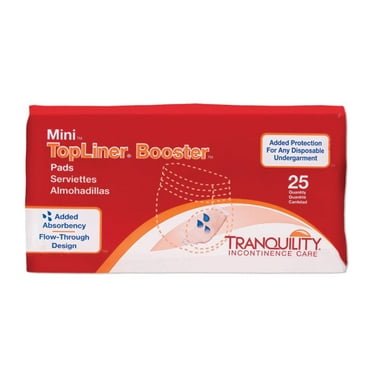 Tranquility TopLiner Disposable Booster Pads with Adhesive Strip, Secure Placement, Extra Absorption, Odor Control, Stackable, Mini (10.5" x 2.75") 25 ct