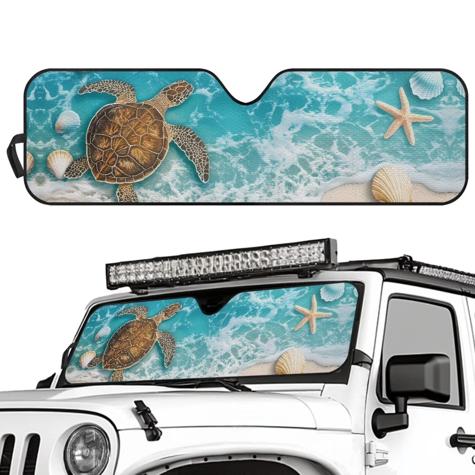 HUIACONG Beach Sea Turtle Front Windshield Sunshade Fit for Jeep Wrangler JL/JLU 2018-2024 & Jeep Gladiator JT 2020-2024, 240TShade Sun Visor Protector Blocks UV Rays Keep Vehicle Cooler