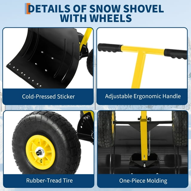 Pelle à Neige Robuste 29,1x19,3 Po avec Roues, Poignée Réglable, Lame Inclinée 5 Positions, Pousse-Neige Ergonomique pour Allée, Entrée, Trottoir, Pavé