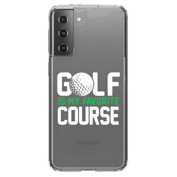 DistinctInk Clear Shockproof Hybrid Case for Galaxy S21 5G (6.2" Screen) - TPU Bumper Acrylic Back Tempered Glass Screen Protector - Golf Is MY Favorite Course