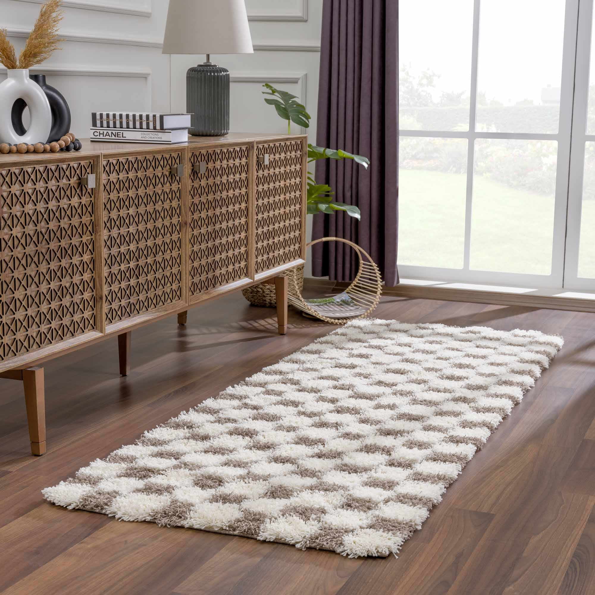 Hauteloom Marshmallow Contemporary Checkered Fluffy Shag Area Rug - Modern Geometric Carpet Tiles for Living Room, Kids Room, Nursery - Plush Pile - Cream, Brown - 8'10" x 12'