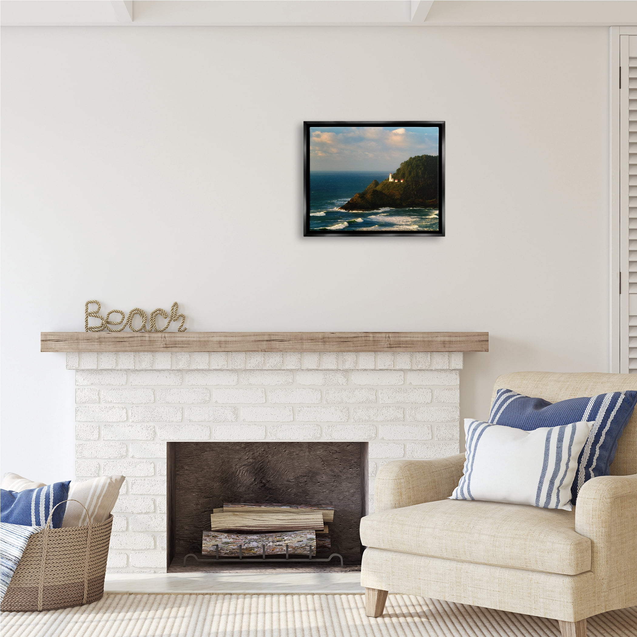 Stupell Industries Lighthouse Ocean Cliffs Nature Photography Black Floater Framed Art Print Wall Art, 21 x 17