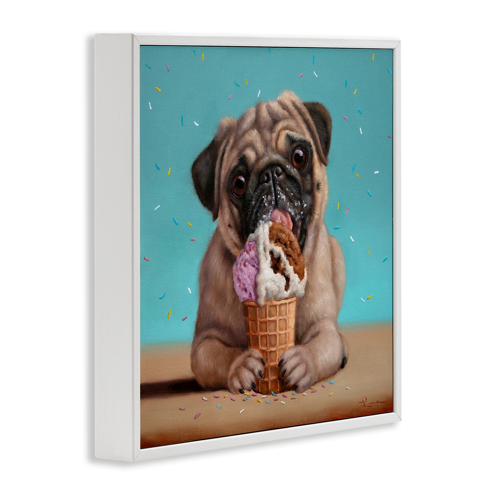 Neapawlitan Ice Cream & Dog White Framed Giclee Art, design by Lucia Heffernan