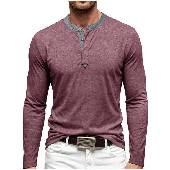 asjyhkr Mens Henley Shirts Lightweight Soft Comfy Streetwear Long Sleeve Tees Daily Casual Pullover Golf Tee Shirts(X-Large,Wine)