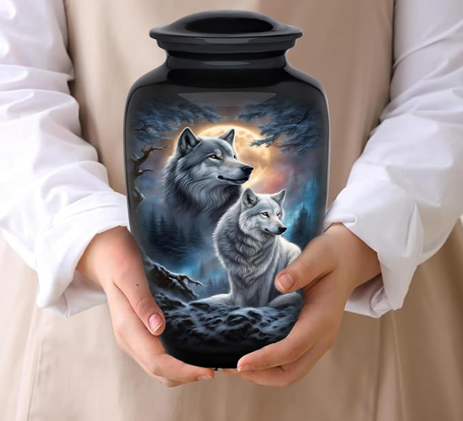 Wolf Night Full Moon Cremation Urn for Human Ashes - Adult Funeral Urn Handcrafted - Affordable Urn for Ashes