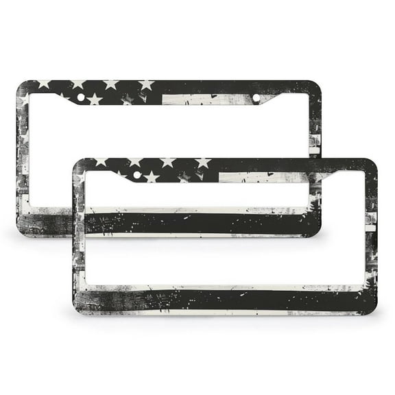 Black White Vintage American Flag License Plate Cover 2 Pieces USA Patriotic Independence Memorial Day Auto Car Accessories Tag for Women 2 Round Holes Quality Aluminum Metal License Plate Frame