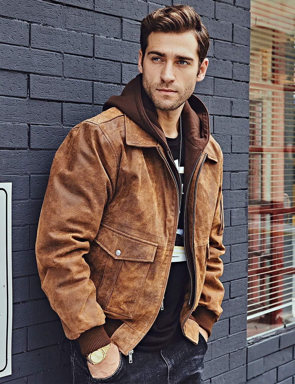 FLAVOR Men's Leather Flight Bomber Jacket Air Force Aviator (Medium, Brown with Hood)
