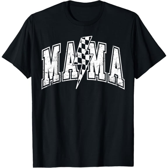 Mama Lightning Bolt Checkered Varsity Mom Women Mother's Day T-Shirt- Classic Unisex 100% Cotton Crew Neck T-Shirt Regular Fit Breathable Casual Everyday Wear