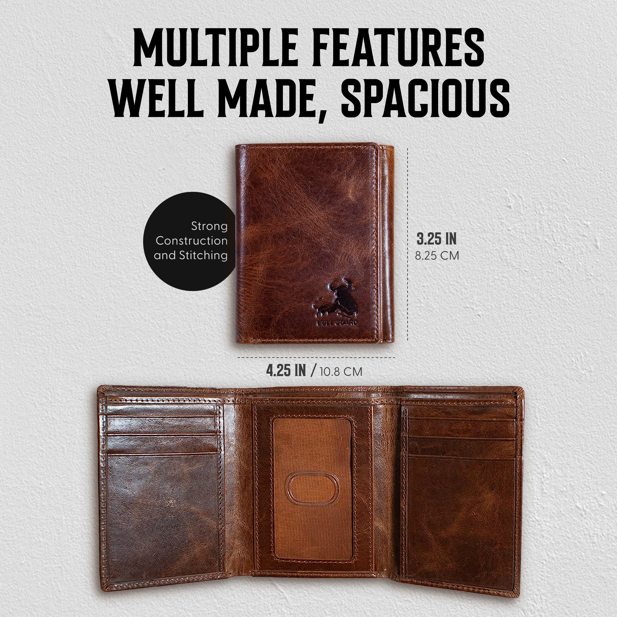 Bull Guard Men's Leather Trifold Wallet, Forest Brown photo 8