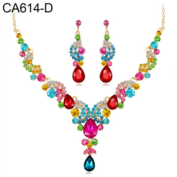 Ayyufe Women Set Elegant Rhinestone Teardrop Pendant Wedding Necklace Earrings