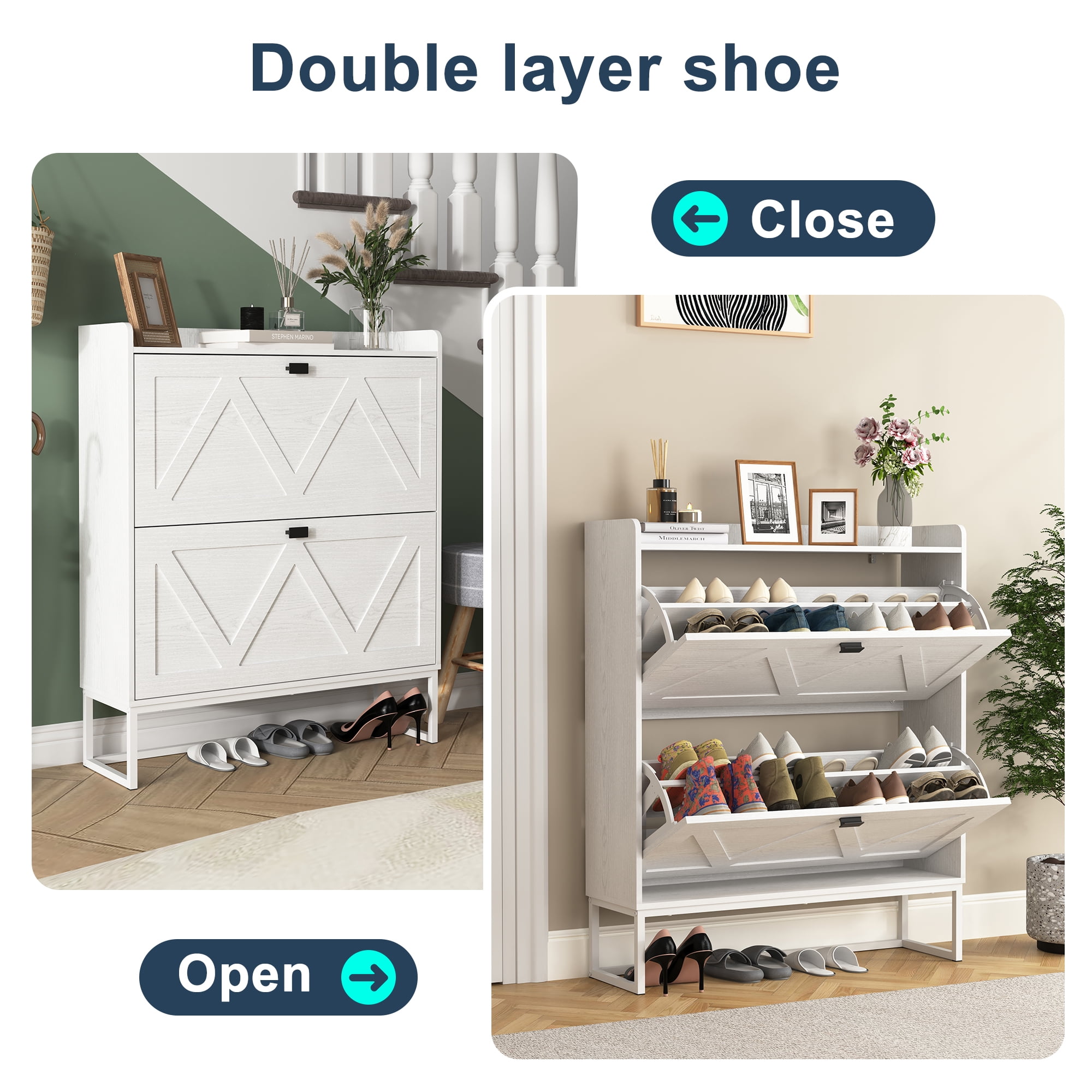 Demi Bonn Shoe Storage Cabinet with 2 Flip Drawers, Freestanding Organizer with Metal Legs for Entryway, Narrow Shoe Rack Cabinet, White