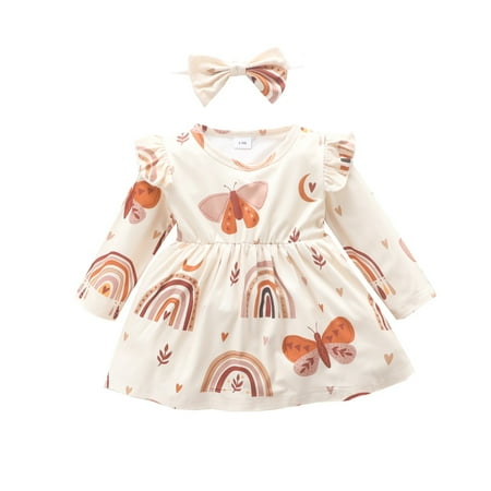 

Rovga Girls Long Sleeve Ruffles Butterfly Prints Dresses Toddler Princess Dress Headbands Set Fashion Kids Dress