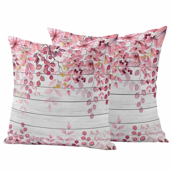 Outdoor Waterproof Pillow Covers Pink Leaves on Retro Wood Grain Decorative Throw Pillow Protectors,Pillowcase Cushion Cases for Patio Sofa Garden Couch,16x16in,Pack of 2