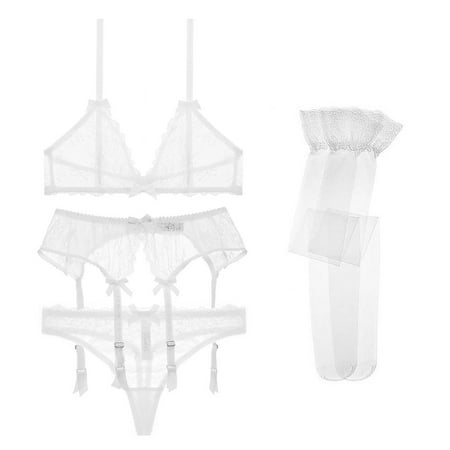 

Sexy Lace Transparent Unlined Deep V Underwear Set Bra and Thong and Garters and Stockings