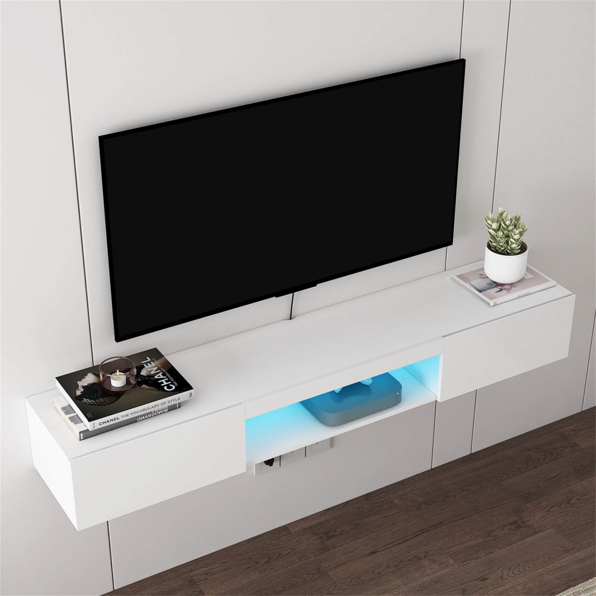 Resenkos Floating TV Stand Wall Mounted with LED Lights and Charging Station, Modern High Gloss Entertainment Center for 70Inch TVs, White