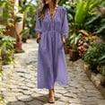thumbnail image 6 of Karymi Wedding Guest Dresses for Women Solid Bohemian Maxi Dress, Ruffle V Neck Lace-Up Front 3/4 Puff Sleeve Elastic Waist Flowy Beach Vacation Sundress Spring Dresses for Women, 6 of 6
