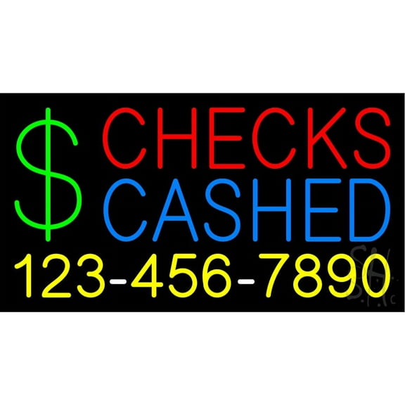 Red Checks Cashed Dollar Logo with Phone Number LED Neon Sign 20 x 37 - inches, Black Square Cut Acrylic Backing, with Dimmer - Bright and Premium built indoor Neon Sign for Pawn shop, and storefront.