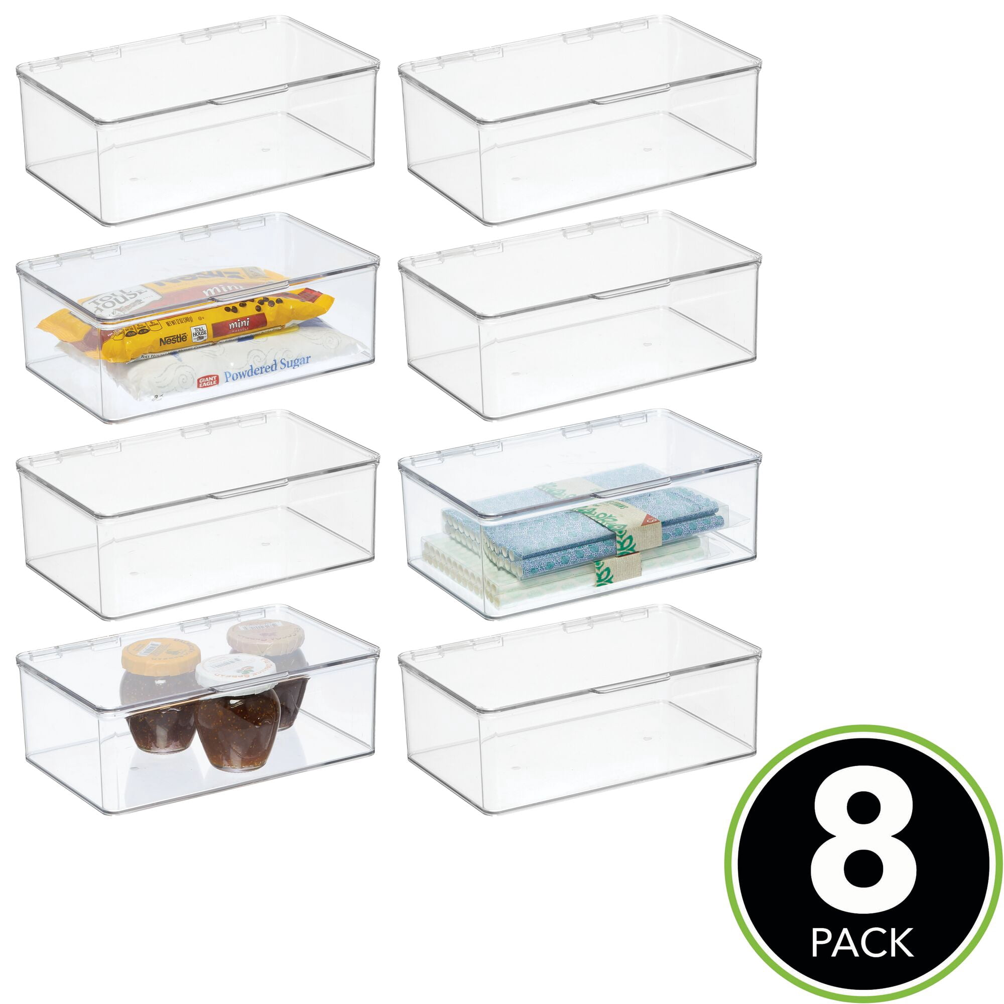 mDesign Plastic Kitchen/Fridge Storage Organizer Box - Hinge Lid, 8 Pack, Clear